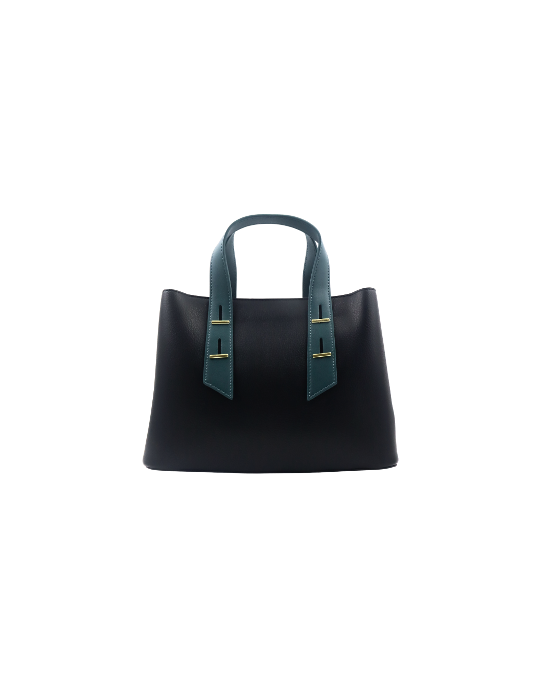 Black handbag with teal handles on a white background