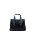 Black handbag with teal handles on a white background