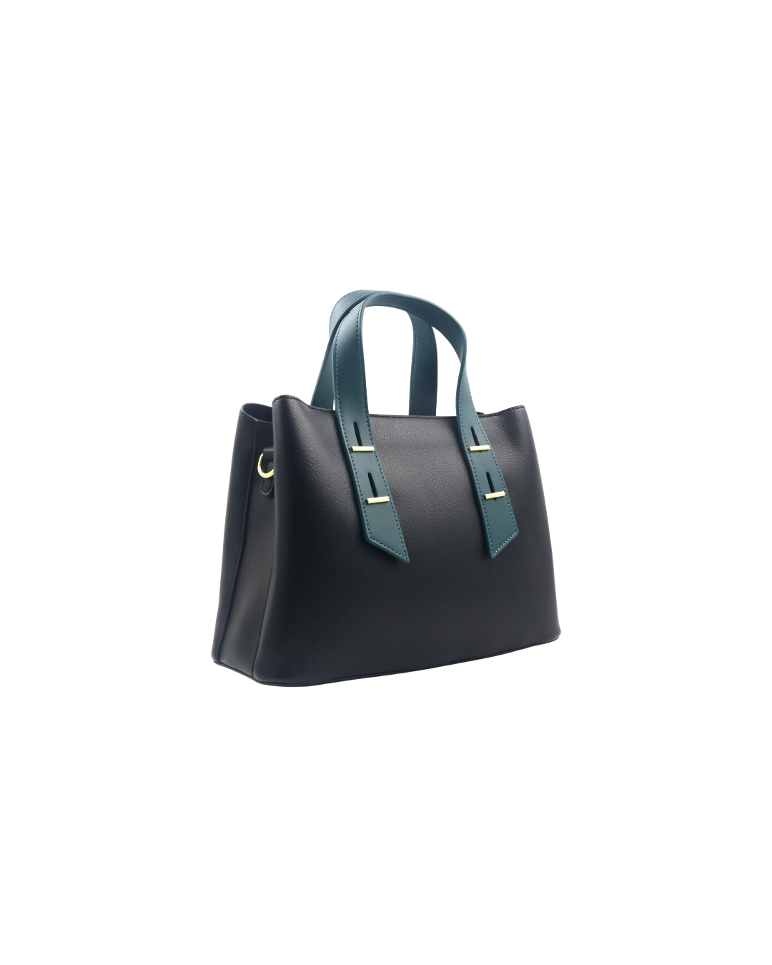 Black handbag with teal handles on a white background
