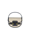 Small handbag with black leather accents on a white background