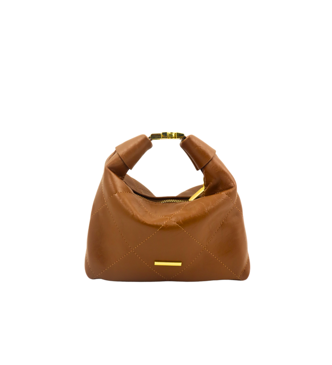 Brown handbag with gold accents on a white background