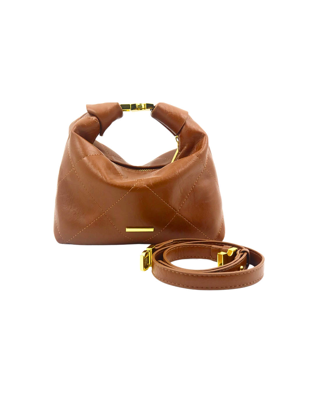 Brown handbag with gold accents on a white background